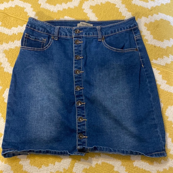 EUC BLUE EPIC unique button front denim mini skirt with fun back pockets size 14 - Picture 1 of 6